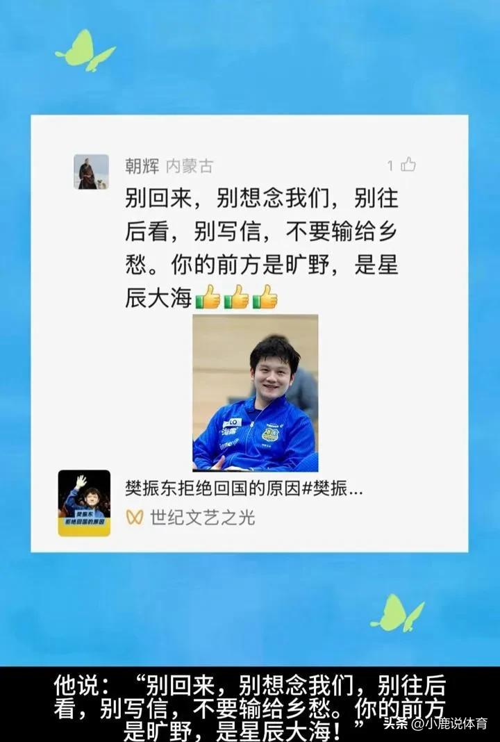 凭什么樊振东不回国，
全网都在护着他？
 
一堆人还在拿爱国道德绑架。
真正看球