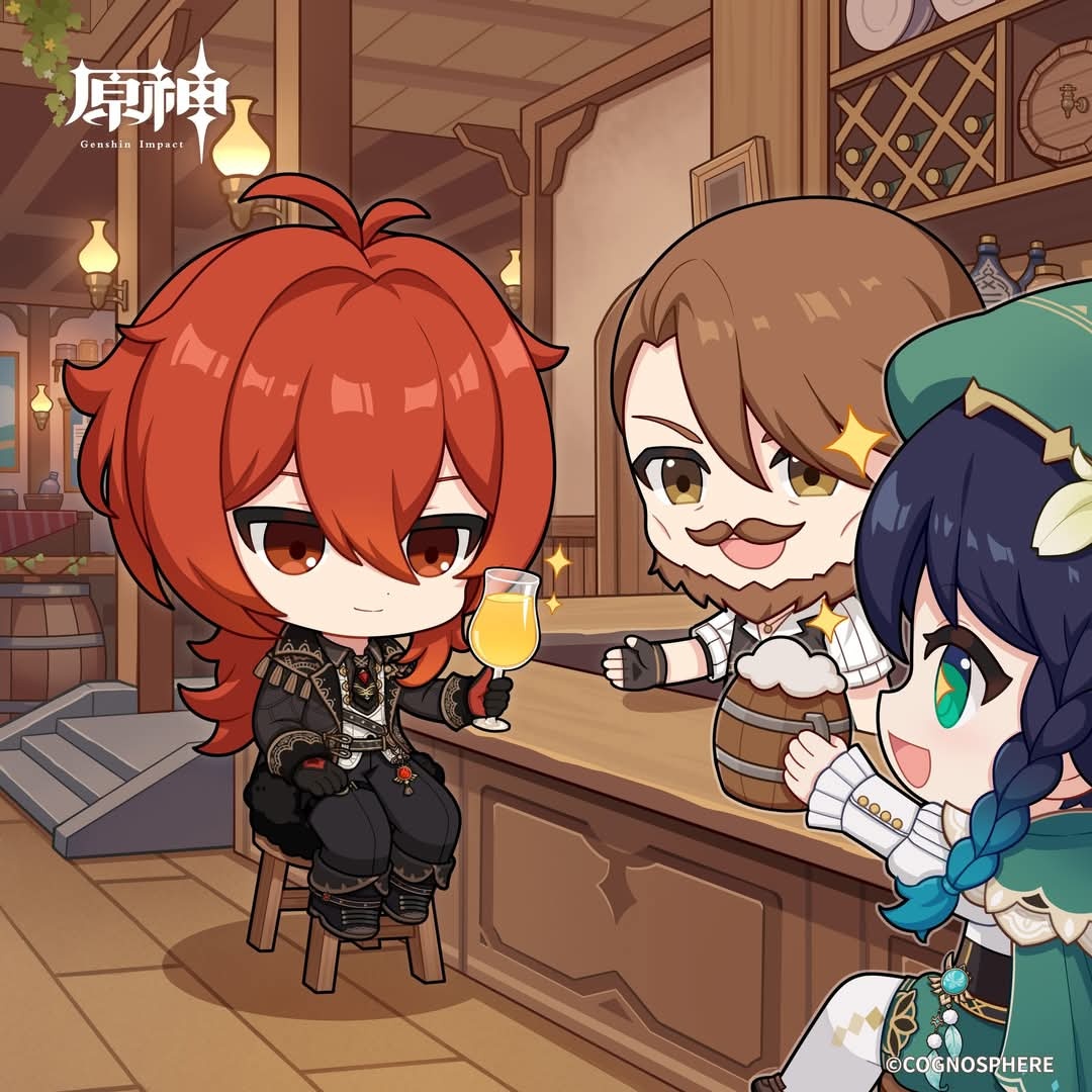 原神[超话]【原神  日推迪卢克Q版生贺图🎂】“嗯…新的无酒精配方，味道还可以