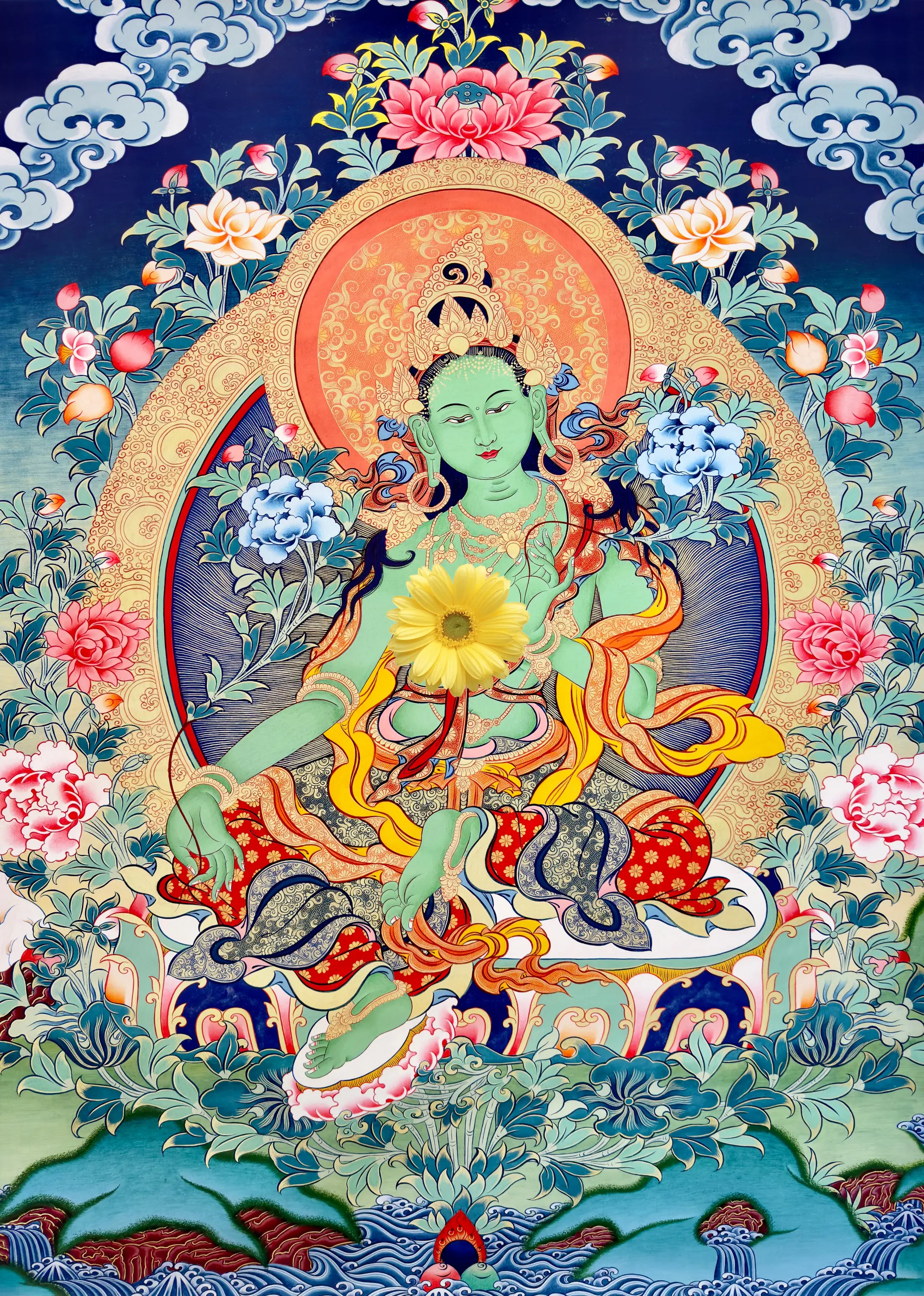 唐卡 描金 绿度母 画稿 彩绘