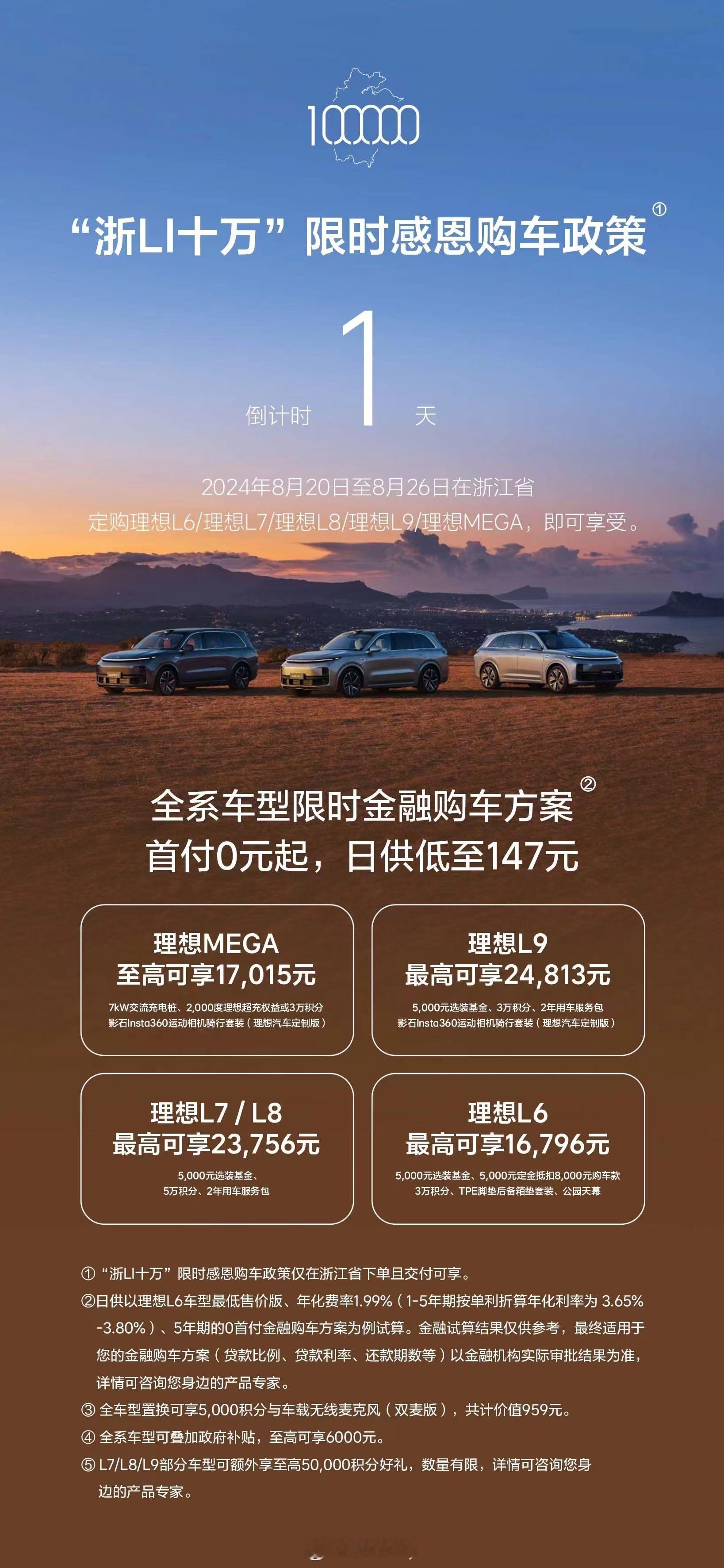 理想浙江限时政策最后一天，另外下单的时候邀请码填666666，提车以后积分全返哟