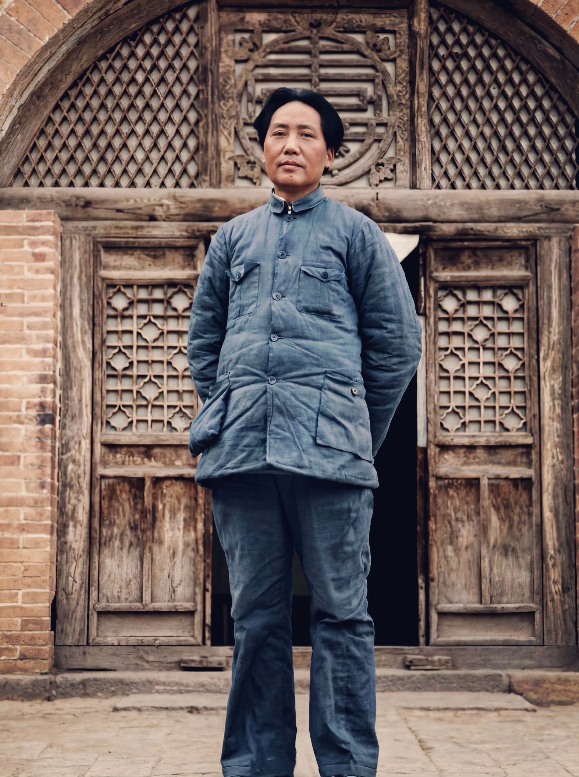 1938年，毛主席在延安军政大学门口留影！ 