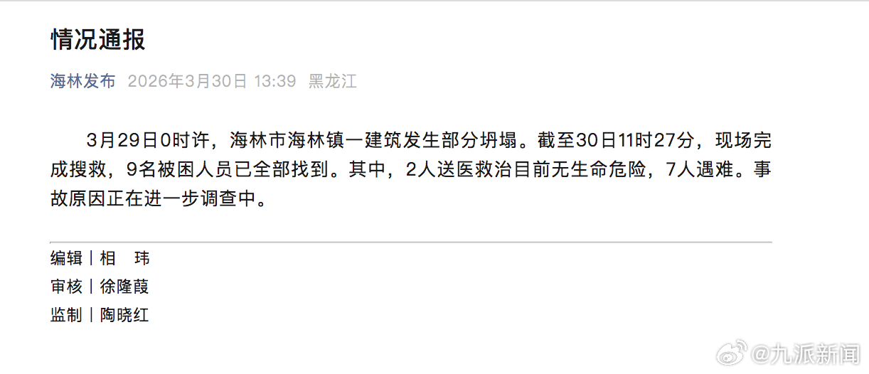 【#海林坍塌事故致7死2伤#】#海林再通报坍塌事故#3月29日0时许，海林市海林