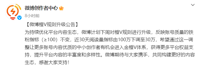 升级橙V的要求降低了，只需30w阅读量就行了！ 