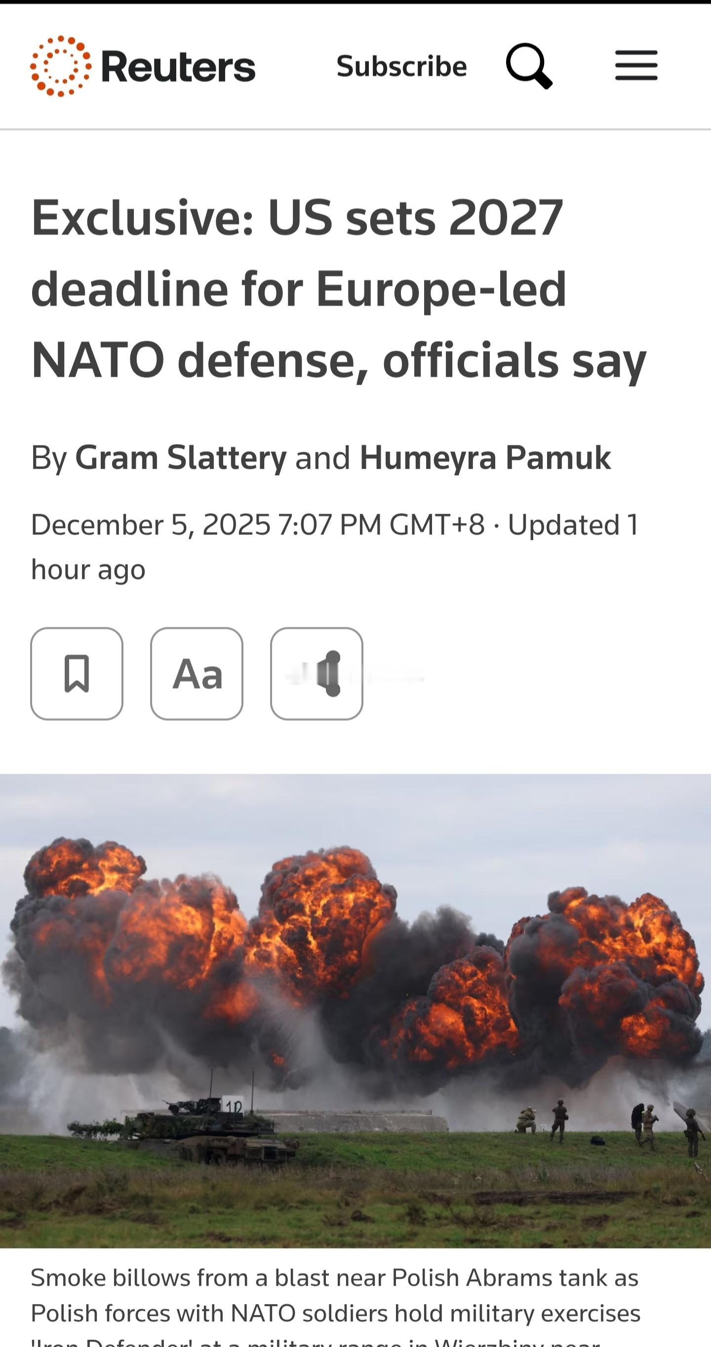 路透社报道，五角大楼官员本周在华盛顿告诉外交官，美国希望欧洲在 2027 年前接