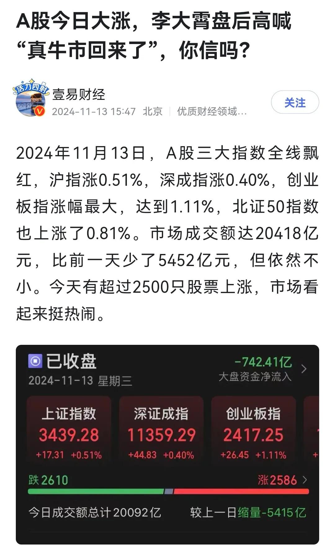 李大霄说：真牛市回来了！你信吗，欢迎大家伙讨论！
       这次我站队李大霄