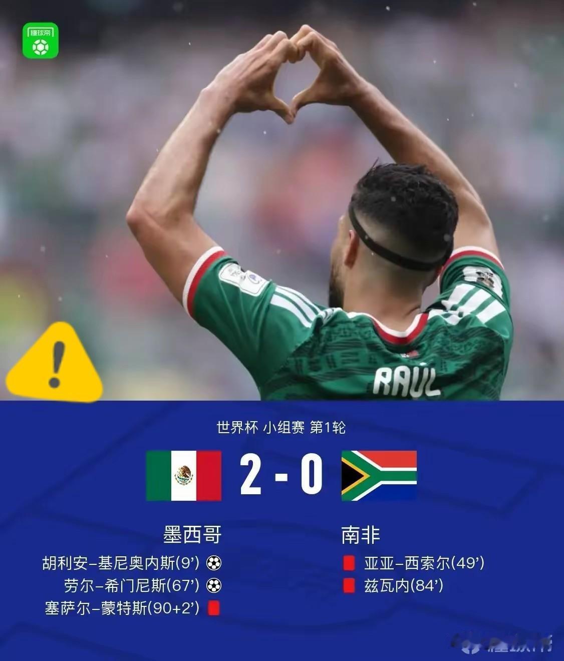 墨西哥2-0南非。

2026年6月11日中午，墨西哥城阳光刺眼。阿兹特克体育场