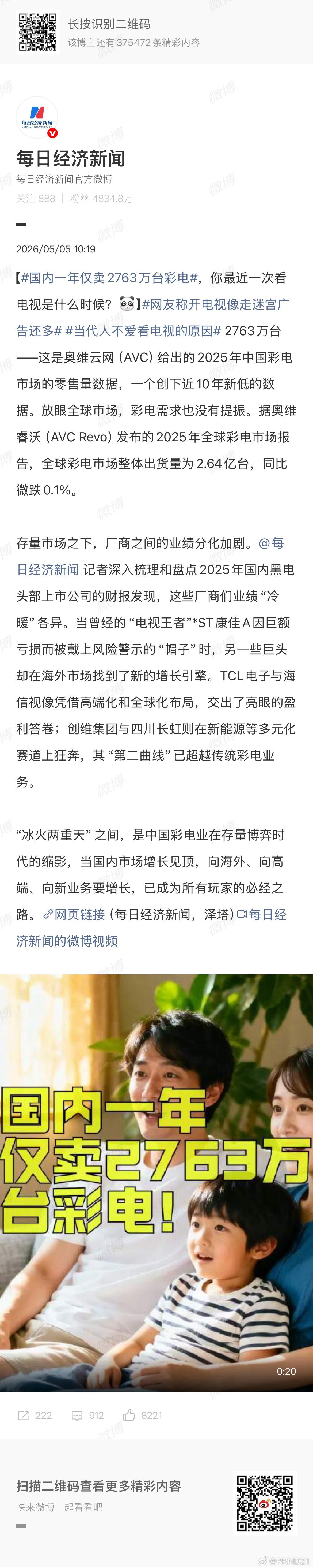 国内一年仅卖2763万台彩电 家里这骚尼还是结婚前买的，一转眼也看了8年了。电视