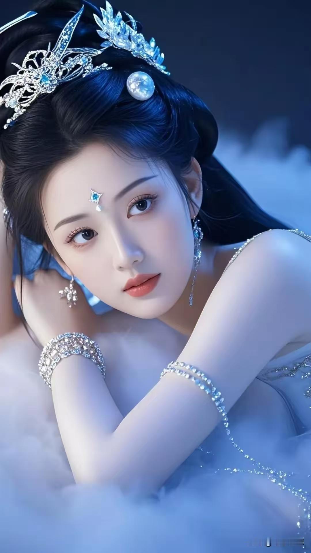 冰晶仙子驾云来，华服珠宝闪如星，眸光流转间，美得让人屏息凝神。