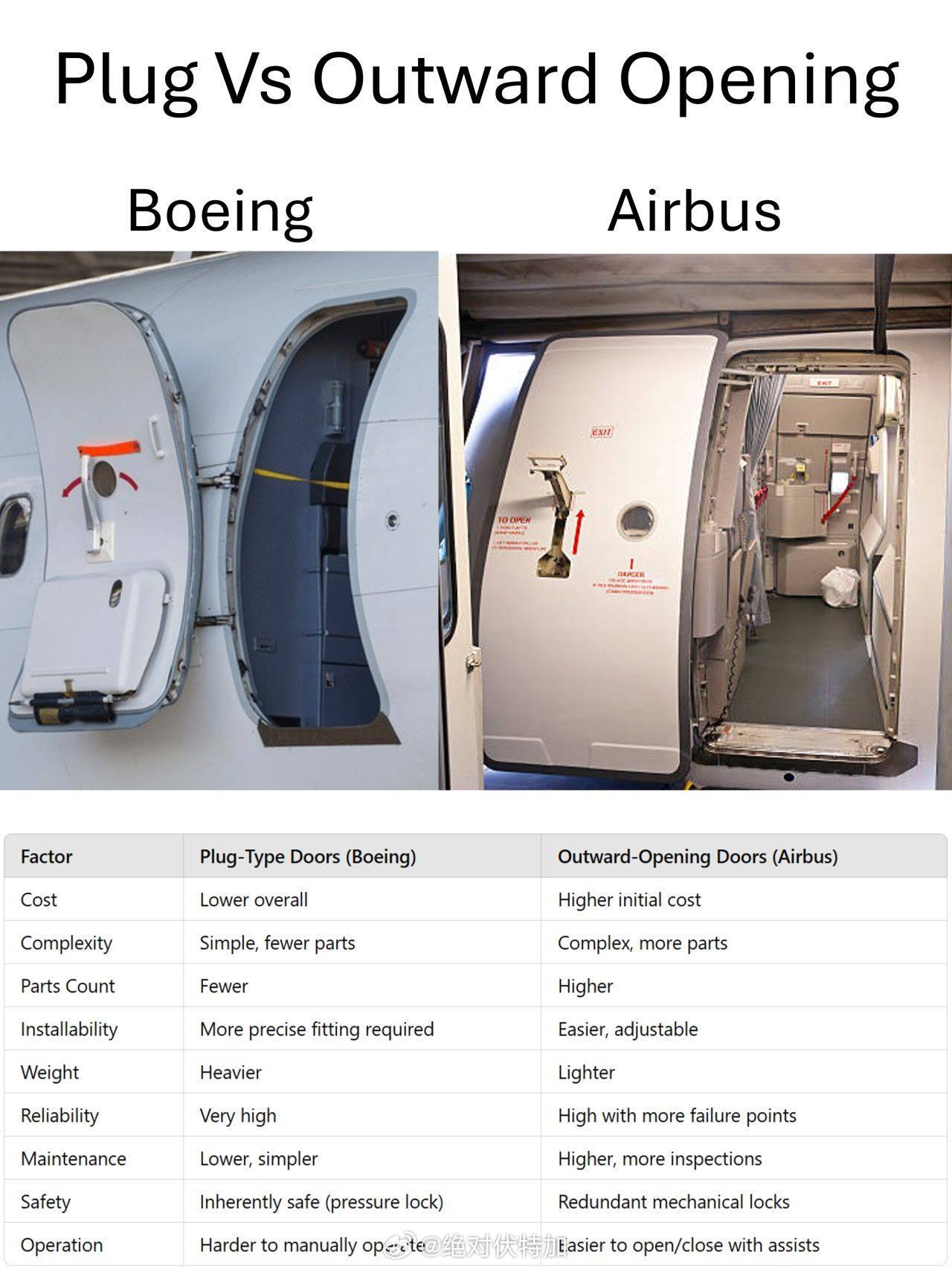 波音和空客公司不同的飞机舱门对比。 航空  波音  空客  航空[超话]   