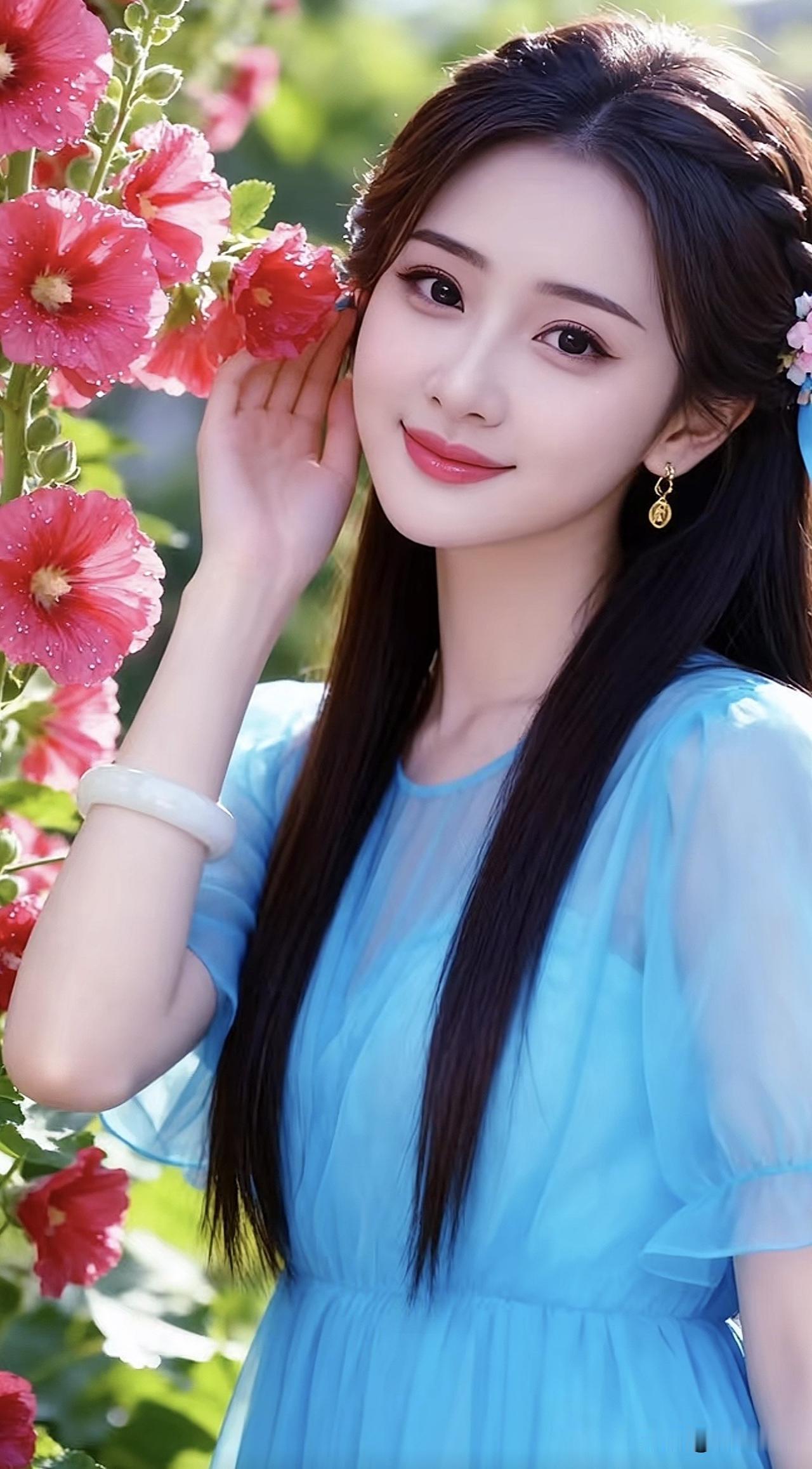 少女心爆棚的蓝色连衣裙，与粉色花朵的完美搭配，宛如春日里的梦幻仙境。🌸💙🌸