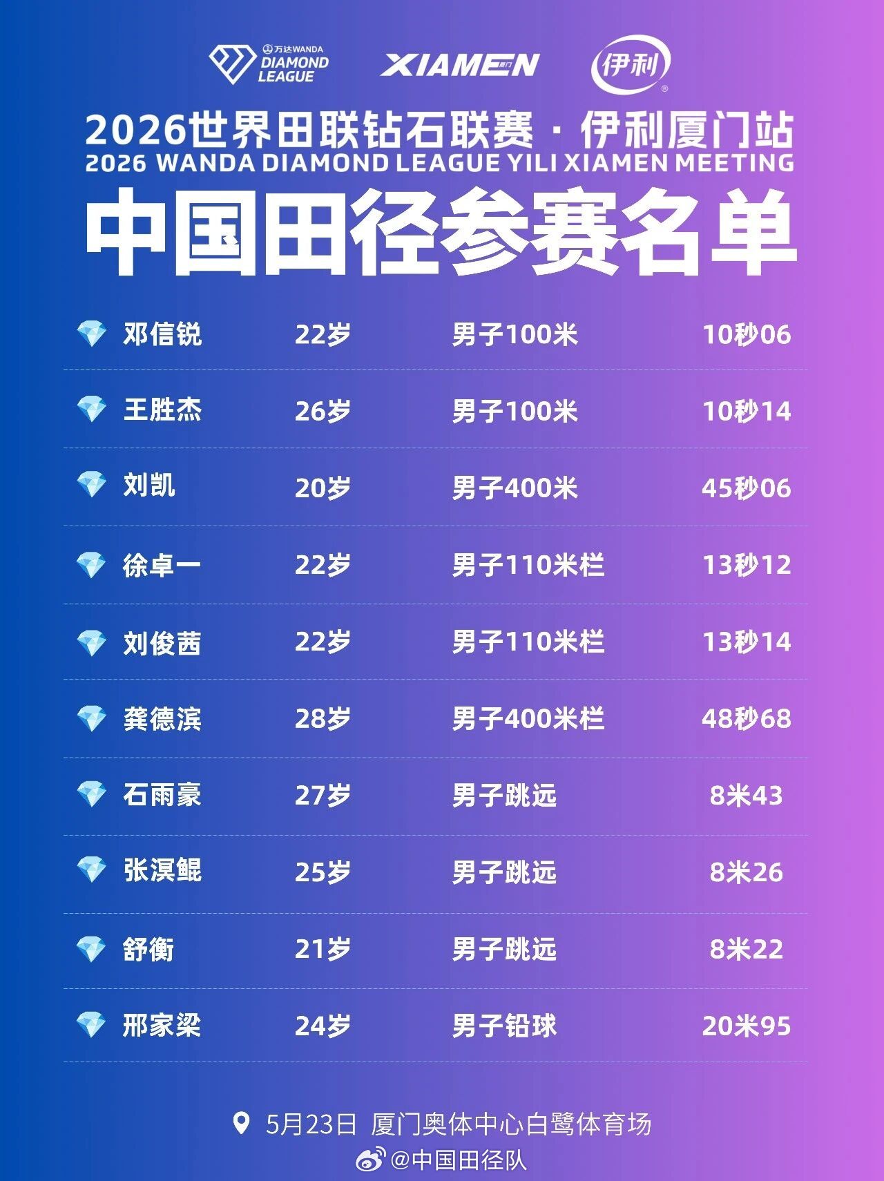 2026世界田联钻石联赛厦门站 ⏰直播时间：5月23日19:00📺直播平台：C