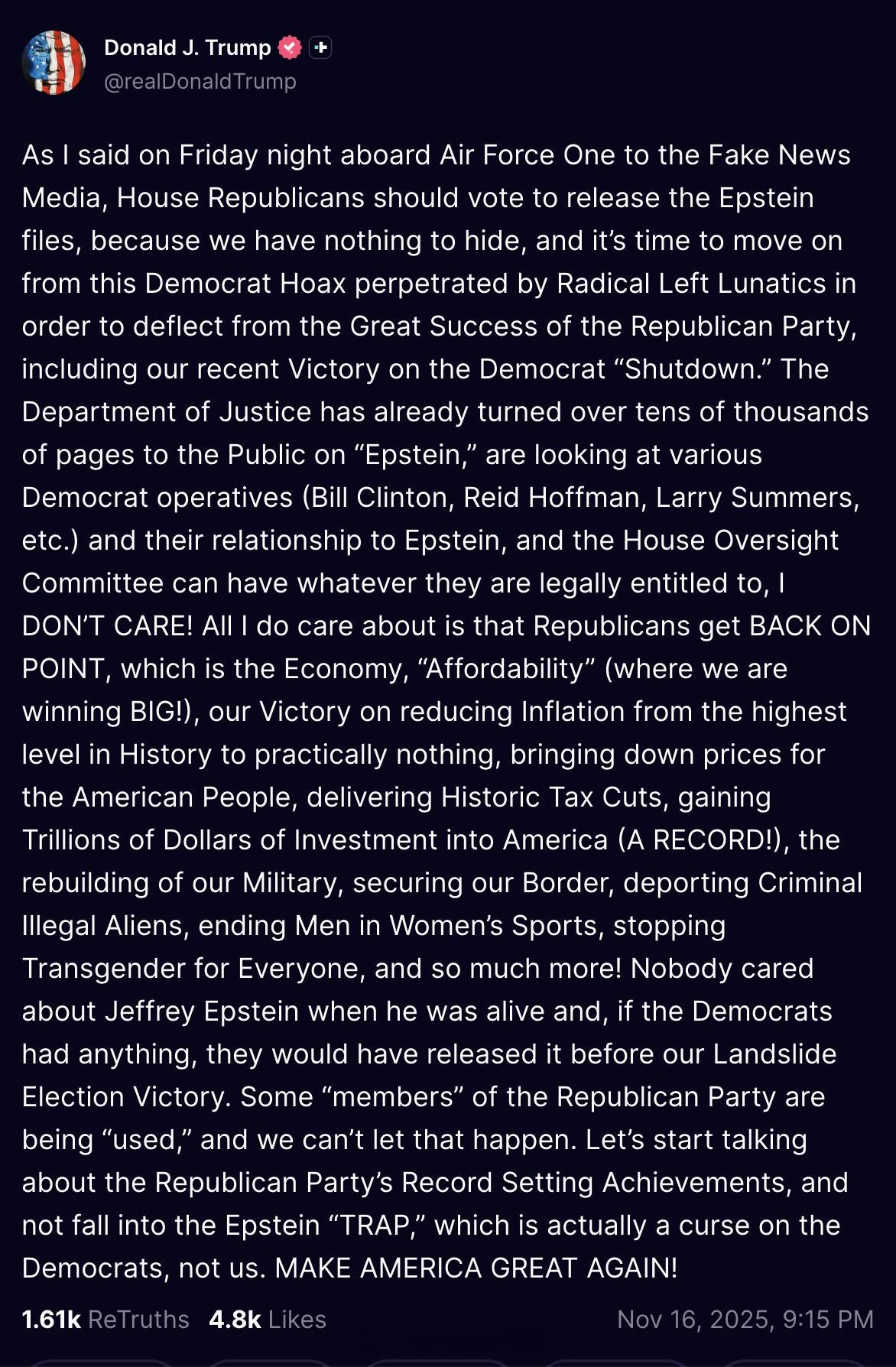 川普呼吁公开爱泼斯坦文件：“就像我周五晚上在“空军一号”上对那些假新闻媒体说的那