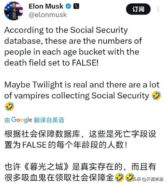 马斯克曝光了美国的社保数据库，发现不仅一两百岁领社保的一大堆，还有个三百多岁的“