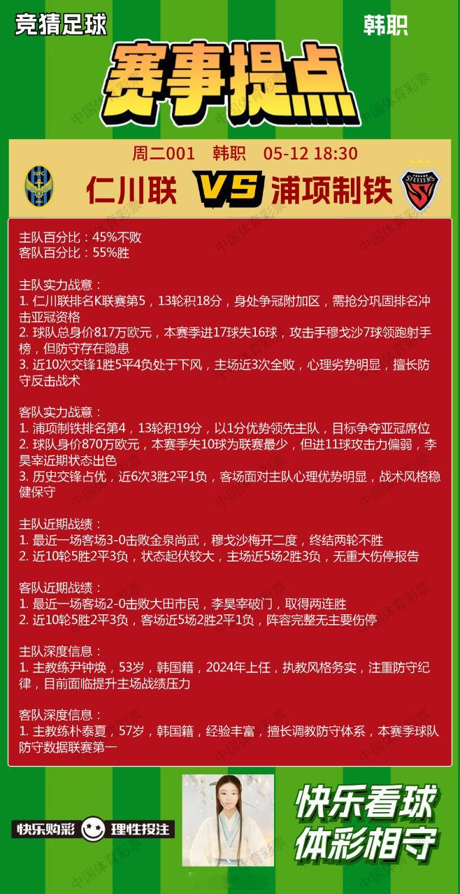 5月12日赛事提点 仁川联VS浦项制铁光州FCVS首尔FC塞尔塔VS莱万特利雅得