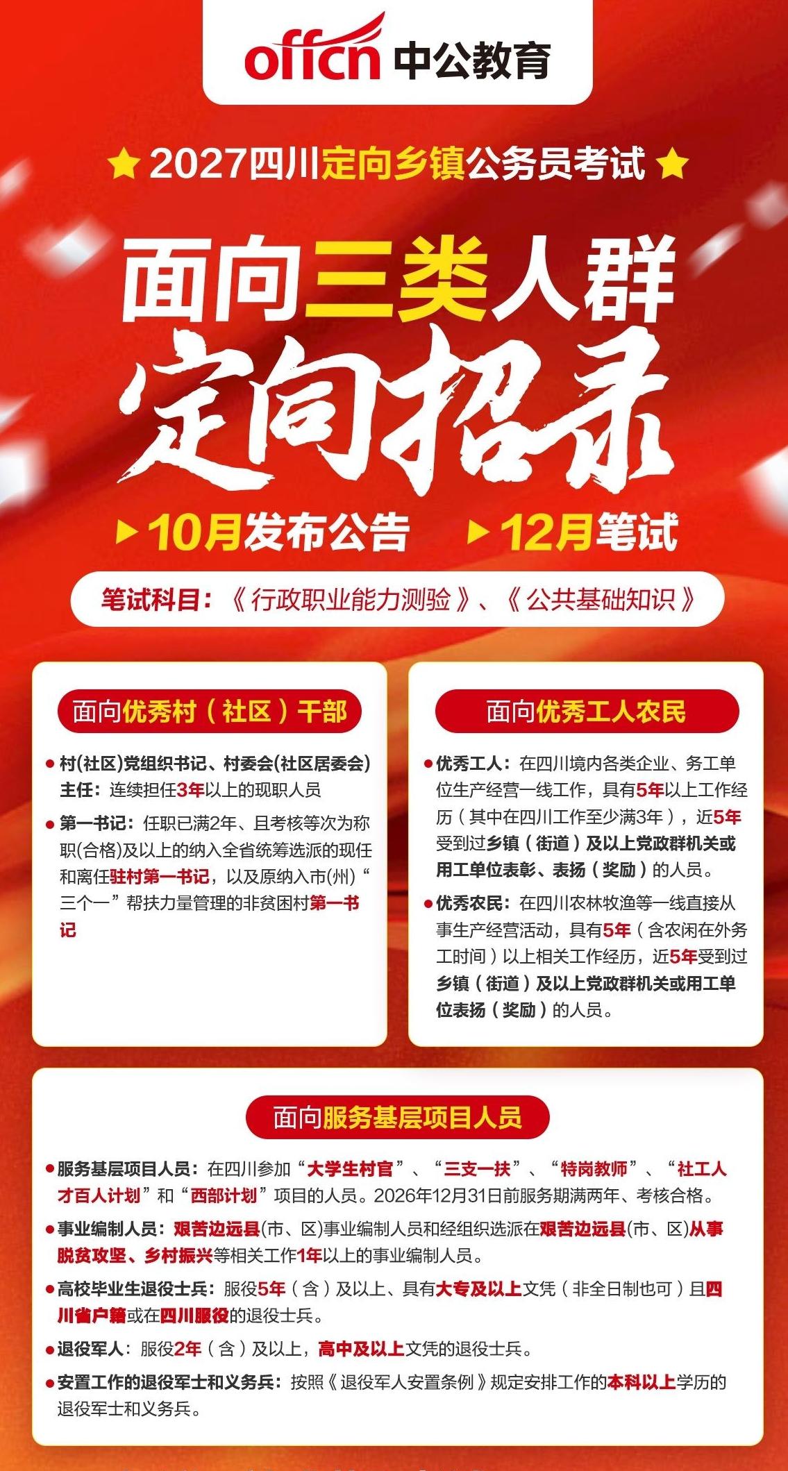 按往年惯例，2027年四川定向乡镇公务员考试，面向三类人群招录，预计10月发布公