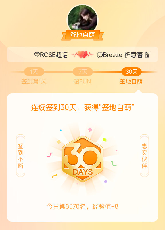 ROSÉ我在ROSÉ连续签到30天，获得了“签地自萌”头衔，发帖纪念