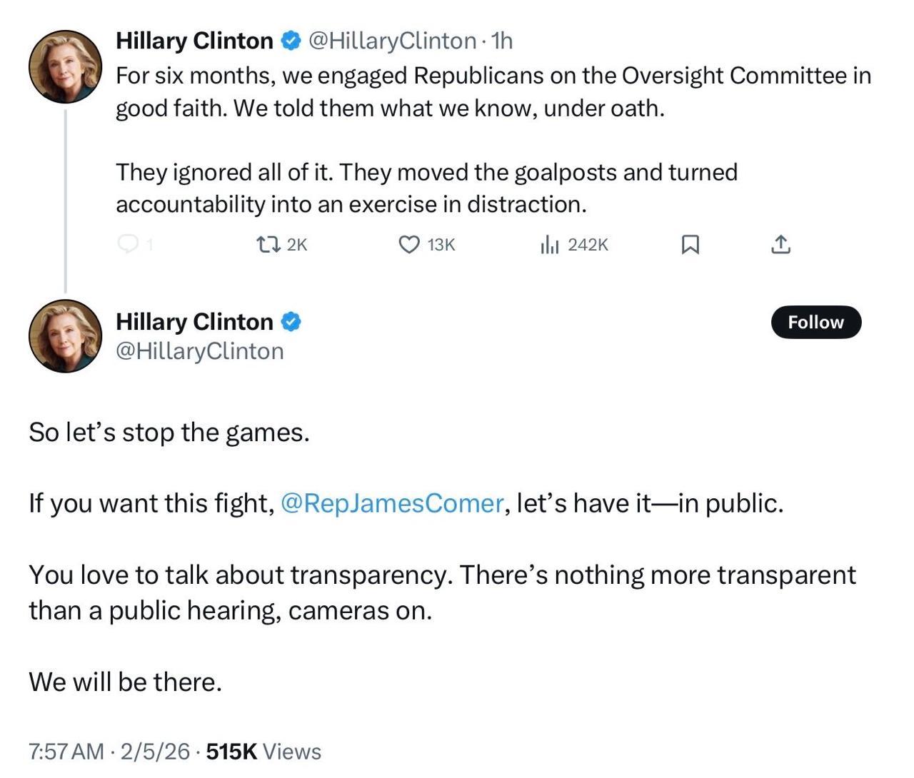 海外新鲜事 希拉里发帖表示，希望众议院监督委员会对爱泼斯坦的调查能举行公开听证会