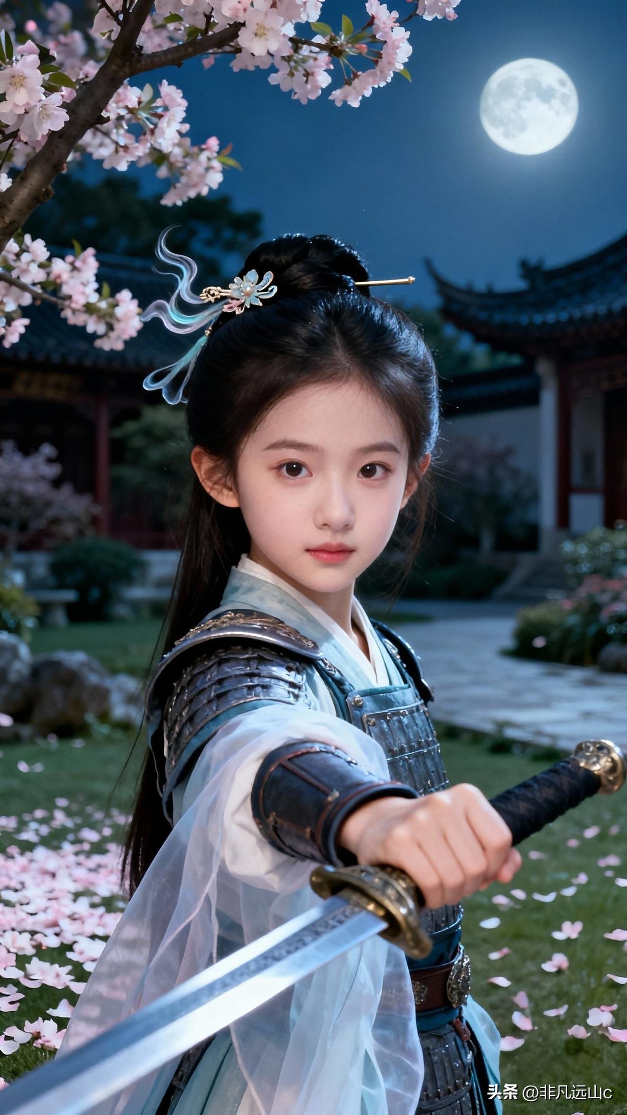 月光下，少女手持长剑，古风唯美，如梦如幻。持剑女子漫画图 带剑女孩