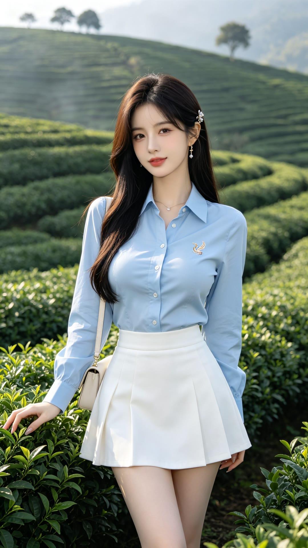 茶园里的清新少女，蓝白相间，自然动人。