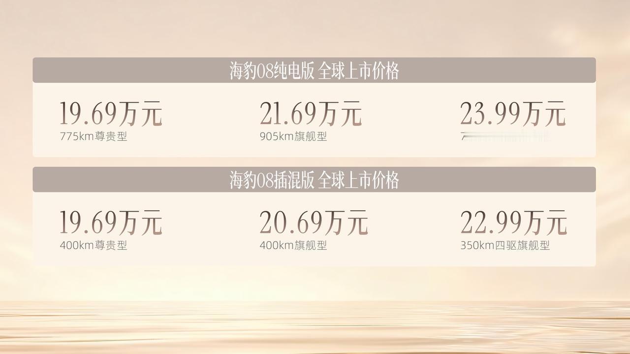 比亚迪海豹08正式上市了。价格定在19.69万到23.99万元，一共6个款型，插