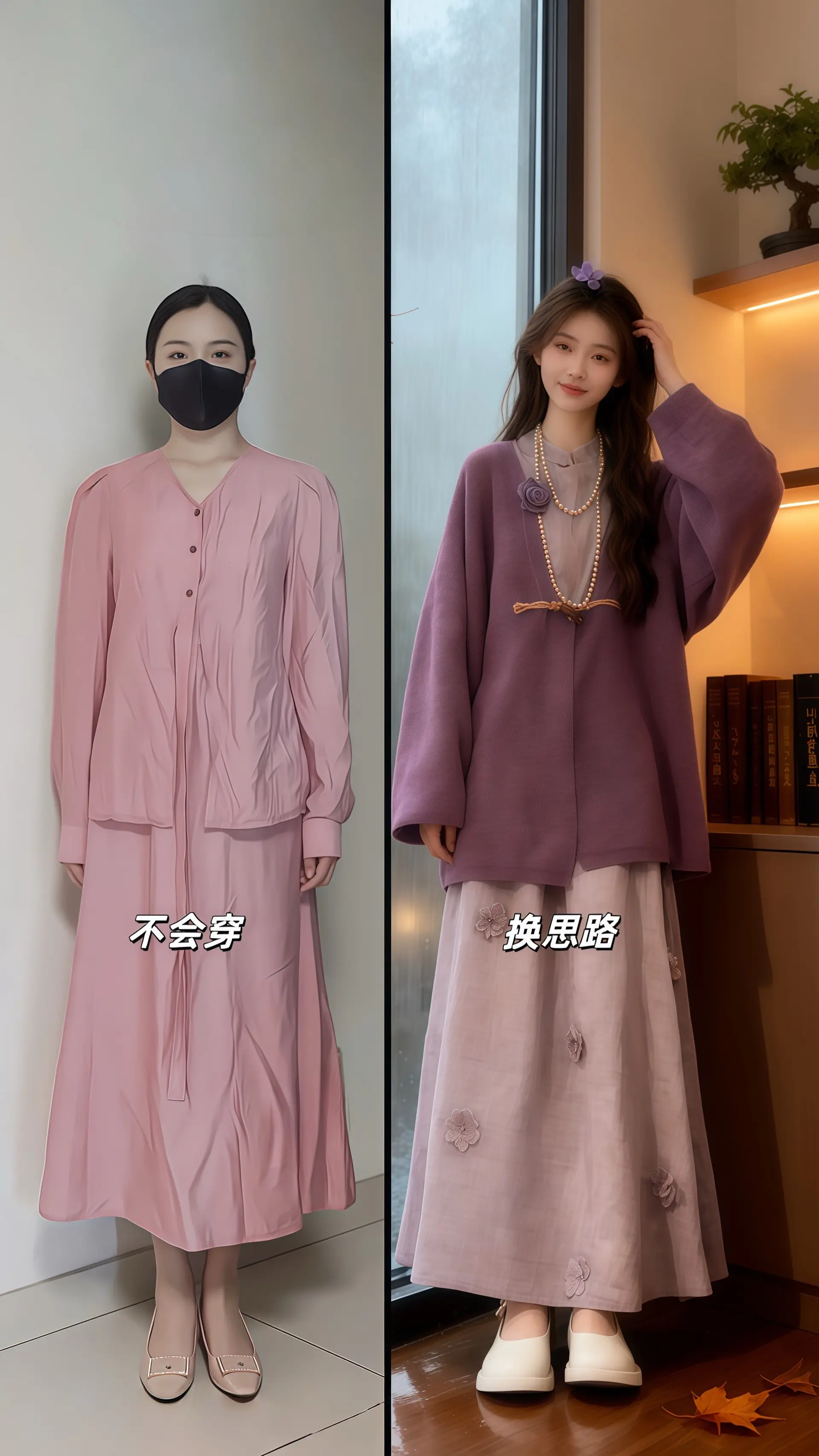 她身着新中式国风盘扣针织外套连衣裙两件套，于古筝房内静赏秋景。窗外小雨...