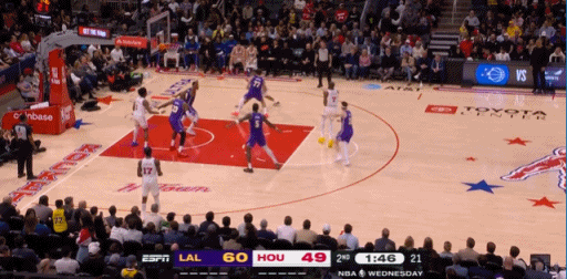 OMG！东契奇底线球直接甩给前场的詹姆斯，1秒进攻！湖人vs火箭