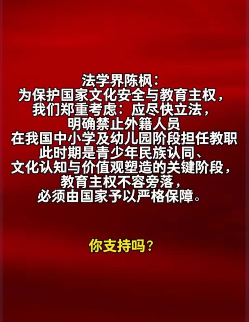 法学专家呼吁禁外籍人员进中小学幼儿园任教，真不是排外！
 
法学专家陈枫呼吁立法