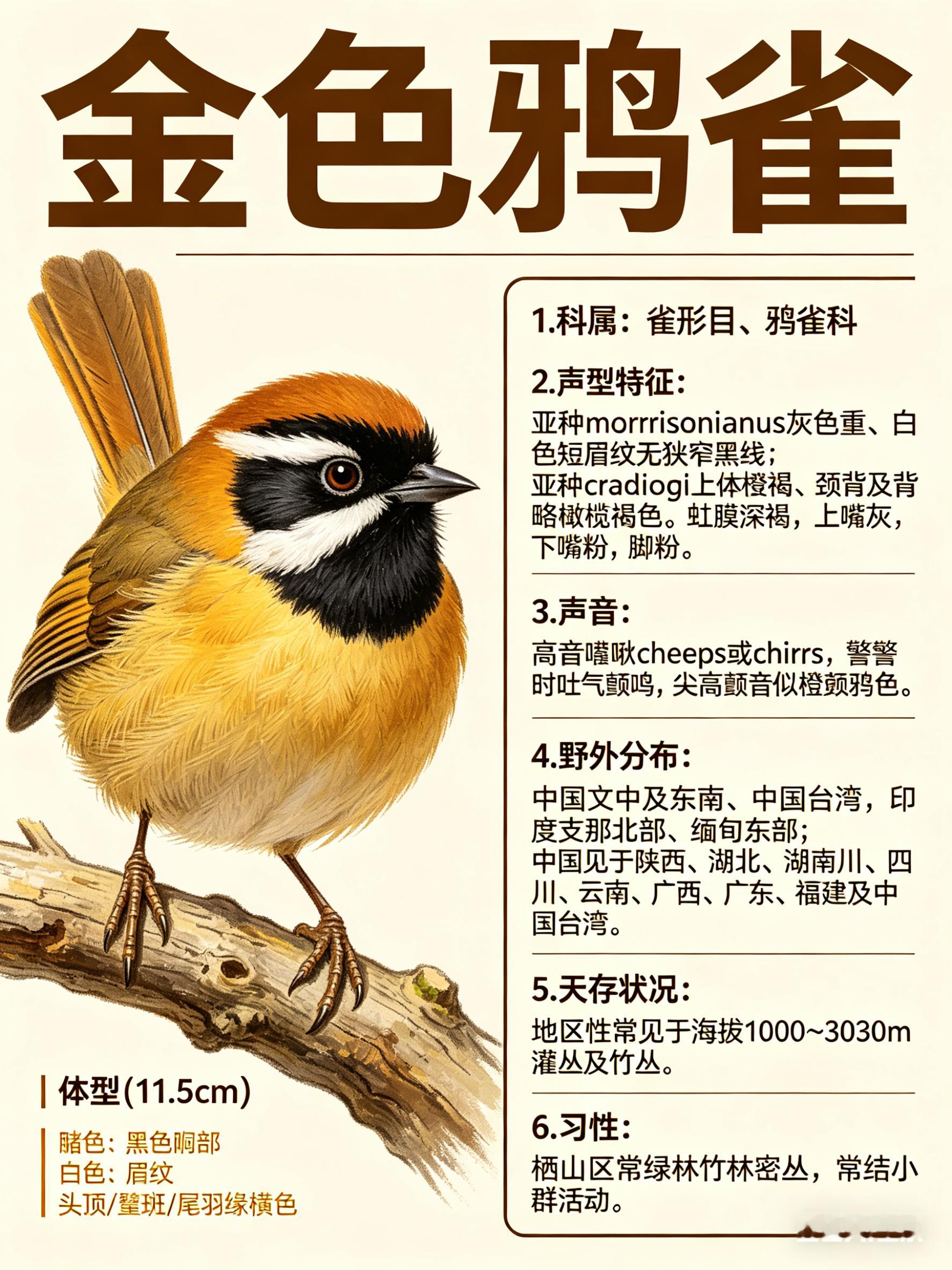 鸟类朋友图鉴 金色鸦雀·科属：雀形目，鸦雀科。·外形特征：体型较小（11.5cm