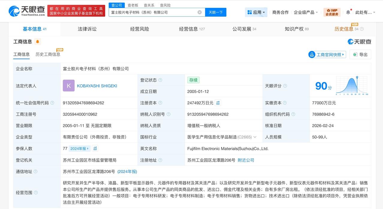 富士胶片电子材料公司增资至24.7亿日元 增幅约221%
天眼查App显示，近日