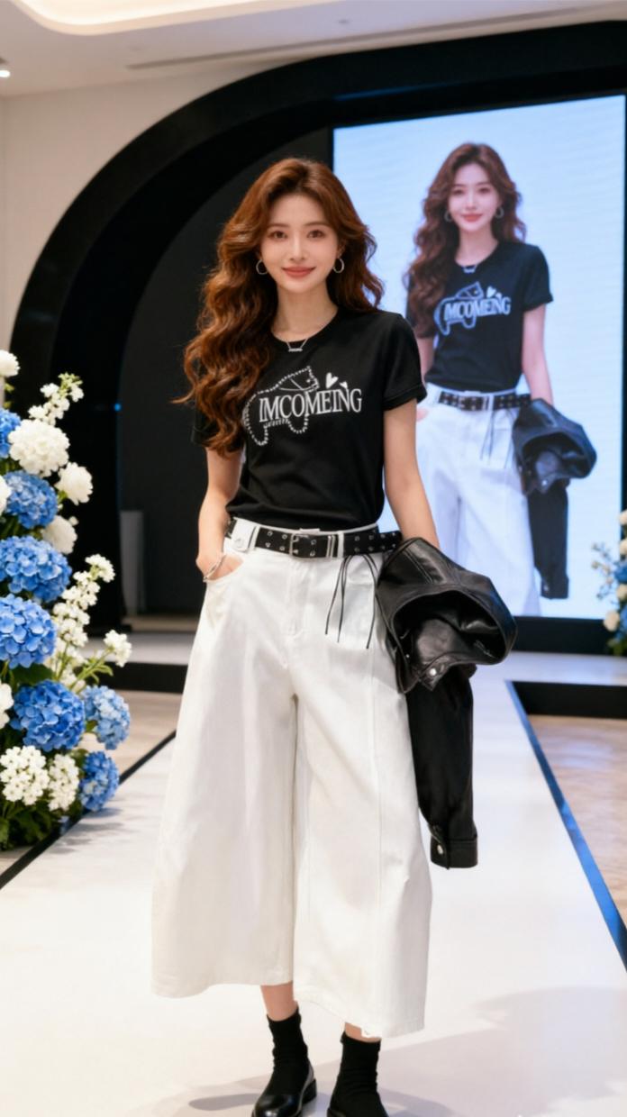 jessie时尚穿搭 直筒显瘦秀场同款长裤 黑t时尚 阔腿魅力 夏季女生阔腿裤穿