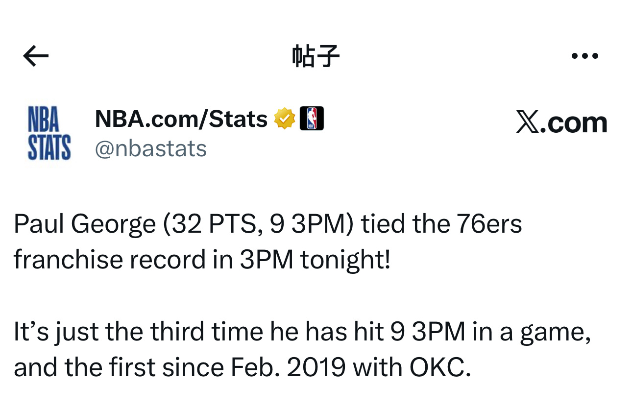 保罗·乔治（今日砍下32分，命中9记三分球）追平76人队史单场三分球命中数纪录！