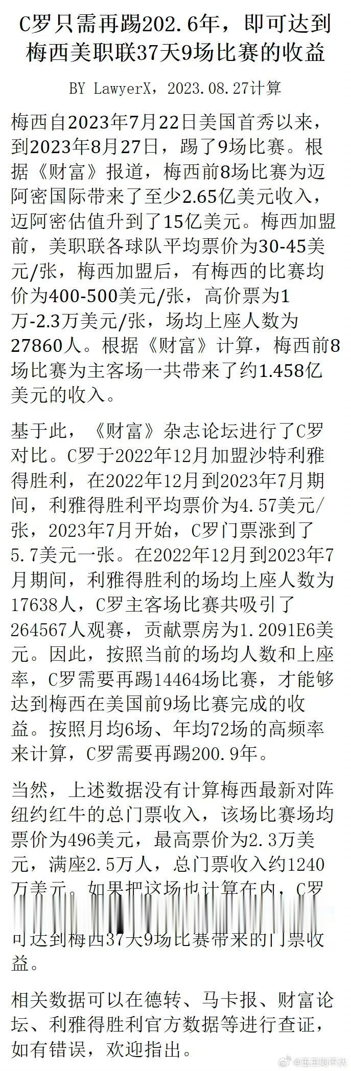 媒体说C罗再踢202年，才能达到梅西37天的比赛收益。

梅西的商业价值真大，一