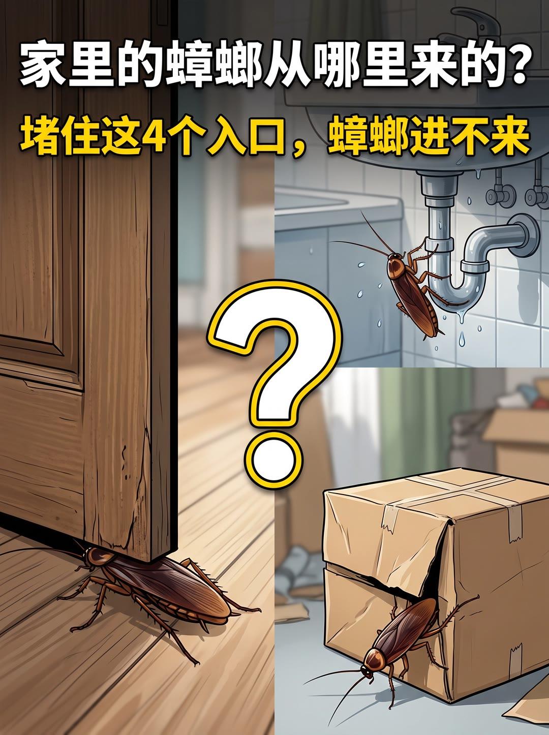 家里的蟑螂从哪里来的？堵住这4个入口
蟑螂从门缝、下水道、快递、管道进来。封缝隙