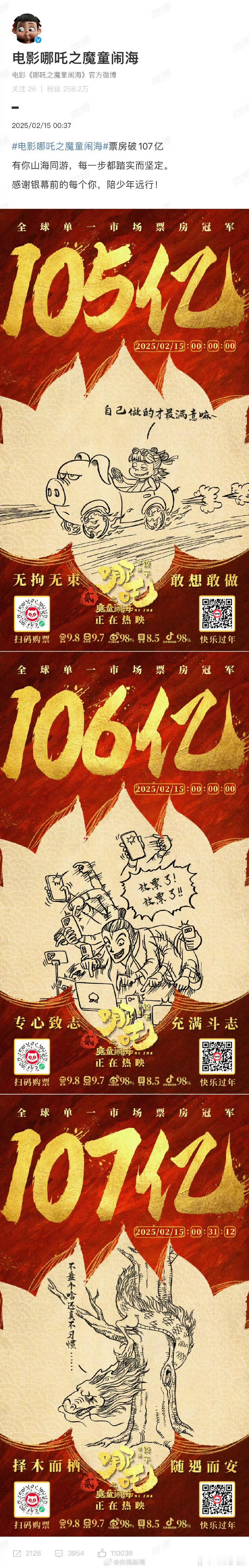 哪吒官微半夜一次发3张海报 熬夜发了三张破亿海报，这个夜熬得值得～ 