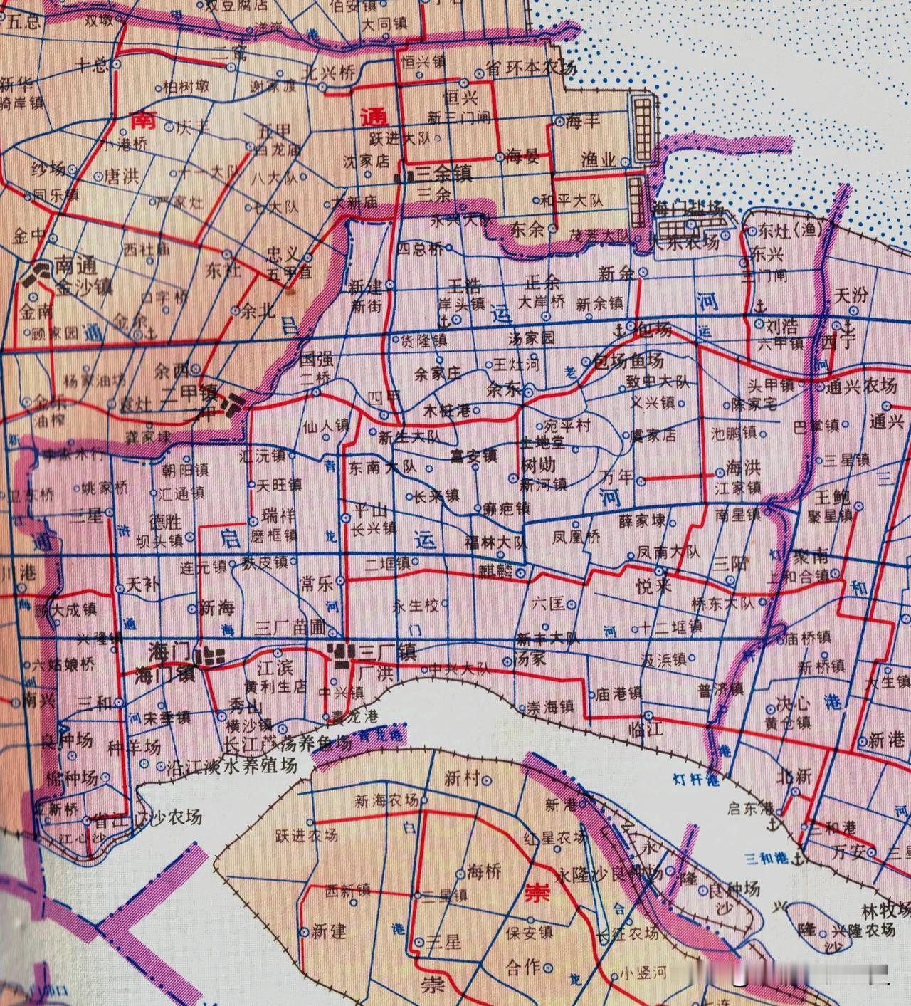 1984年江苏省海门县地图。海门县经历了由县到市，如今又变成了海门区。海门县城为