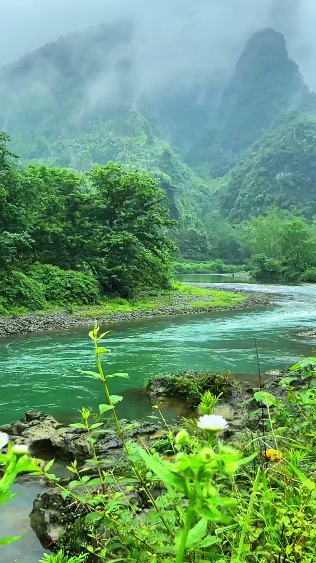 远处群山叠翠，绿水悠悠漫过岸畔，山风裹着清透的草木香吹过来。
耳畔的旋律漫开时，