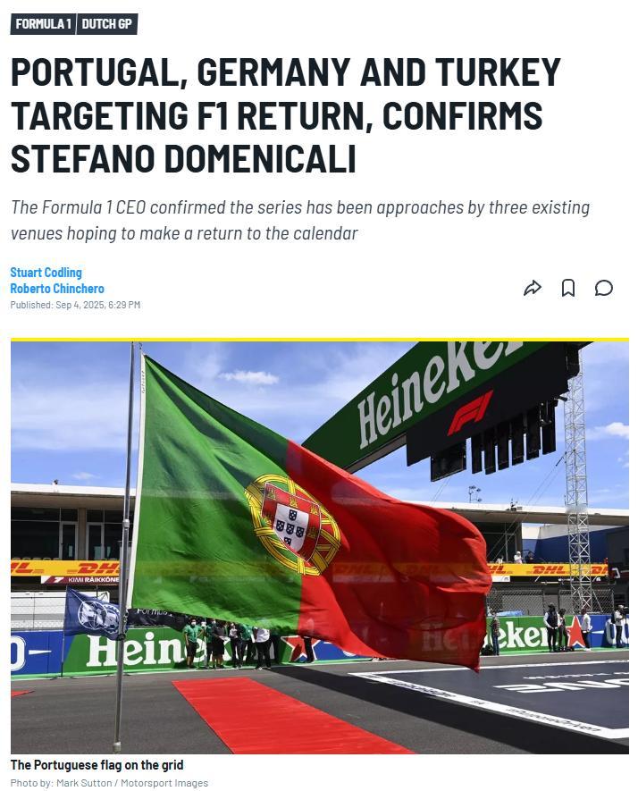 F1 CEO 多梅尼卡利表示土耳其伊斯坦布尔、葡萄牙波尔蒂芒、德国霍根海姆都有意