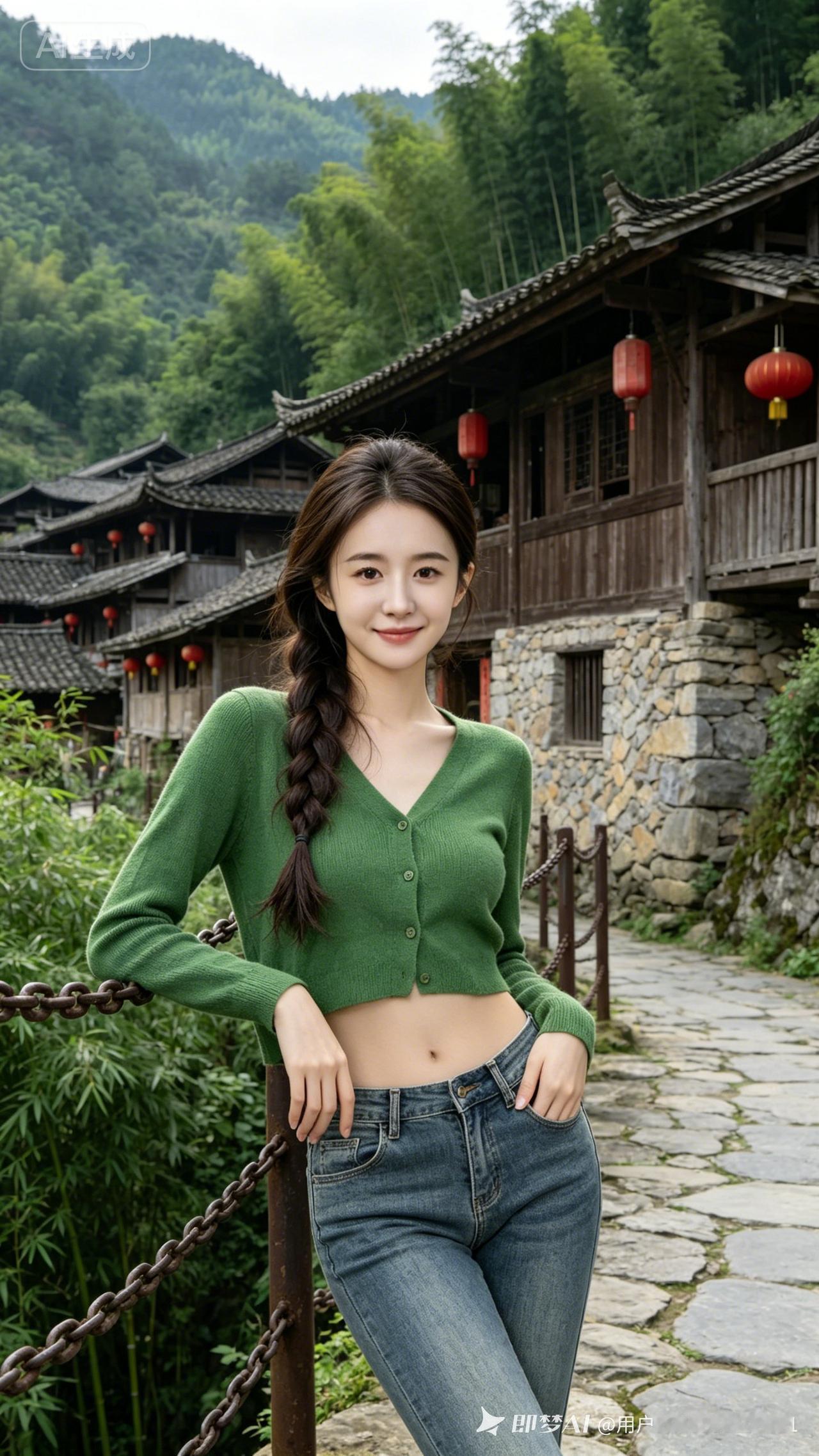 深棕单侧麻花辫少女身着绿开衫与牛仔铅笔裤，身姿随性舒展。古寨木屋、竹林环绕，晴日