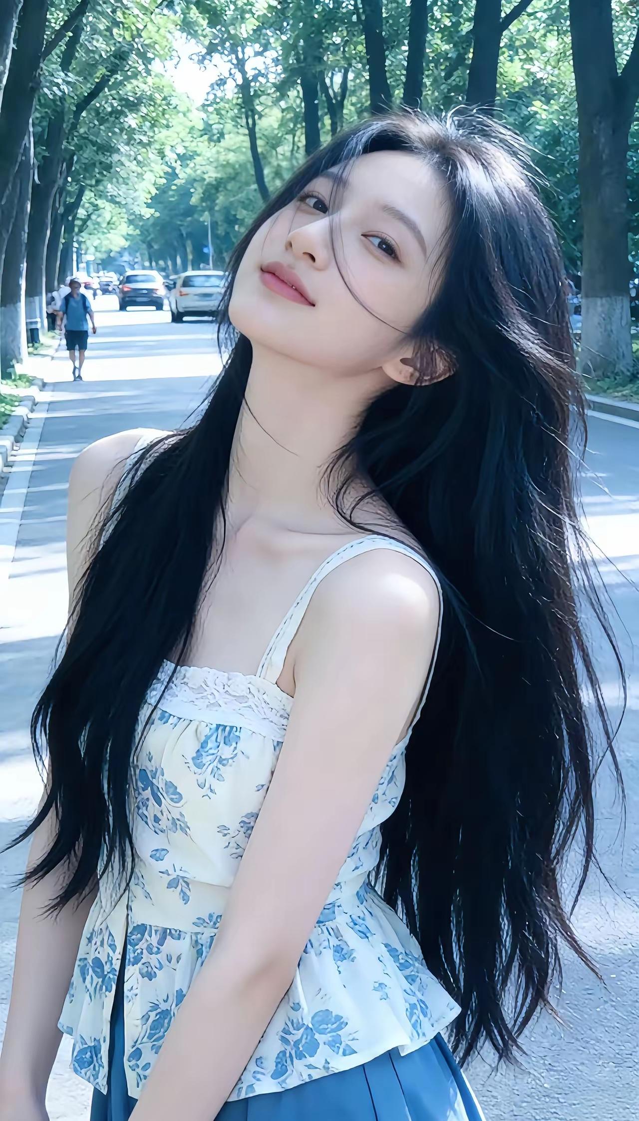 绿树阴中见，红妆影里行。