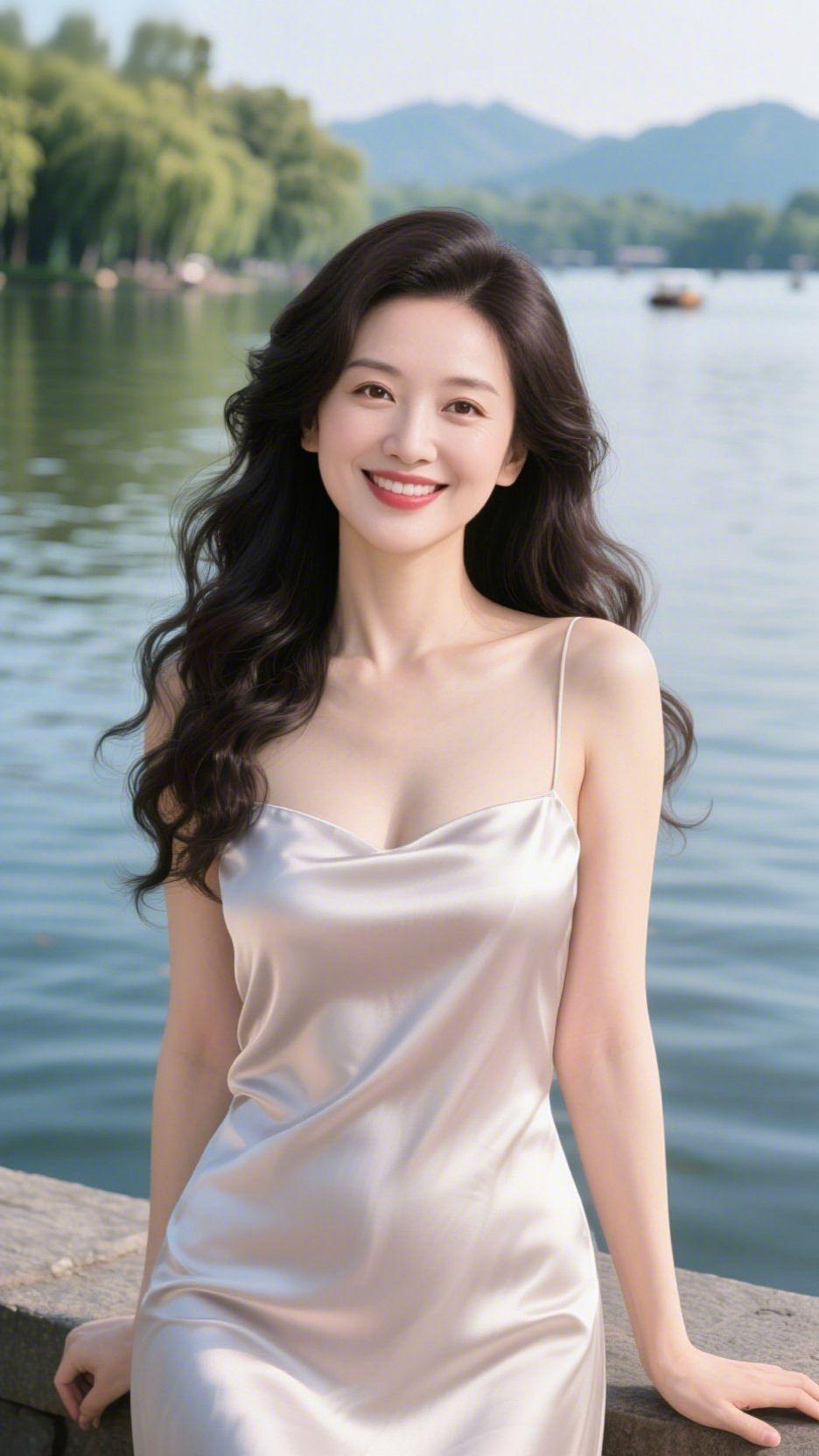 丝影映湖光
 
缎面白裙揉进湖光里，像揉碎的月光，裹着一份清润的温柔。她倚着石栏