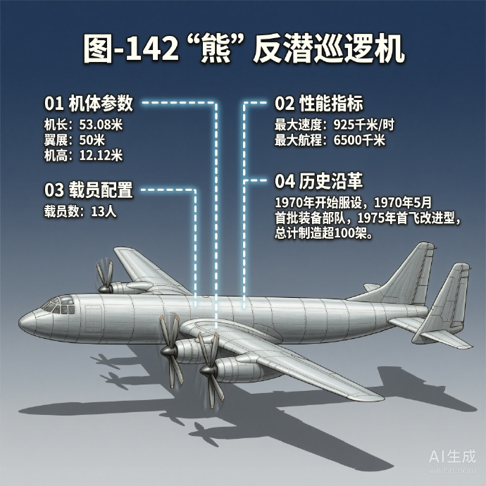 军事ai新视野 图-142“熊”反潜巡逻机［苏］机长：53.08米翼展：50米机