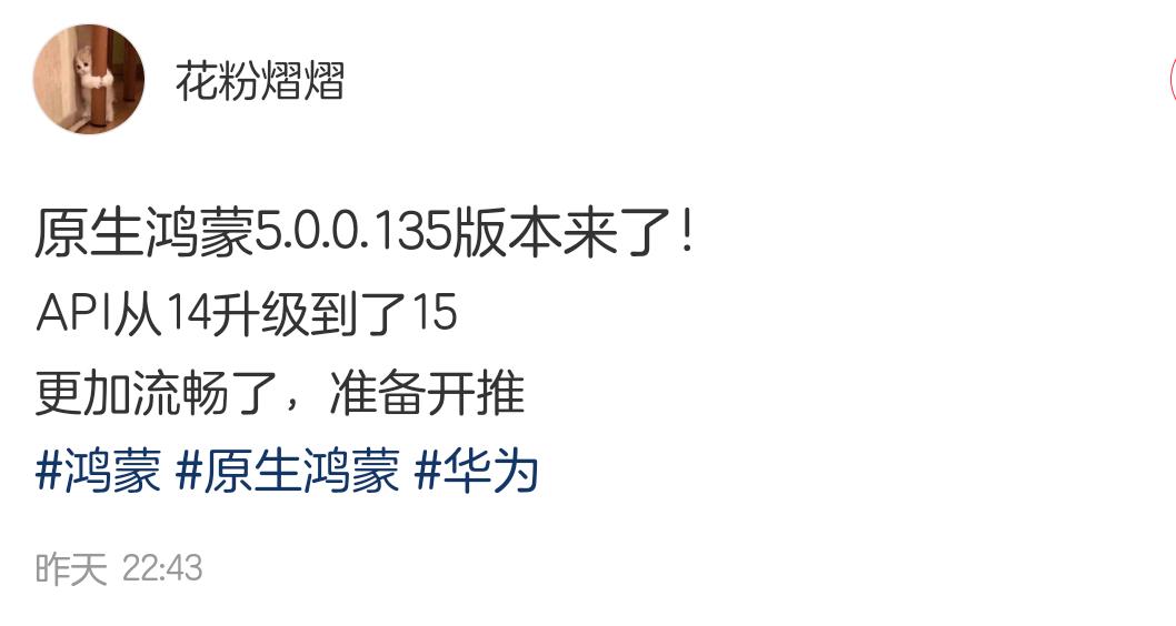 鸿蒙NEXT  据博主爆料5.0.0.135版本来了，API也从14升级到了15