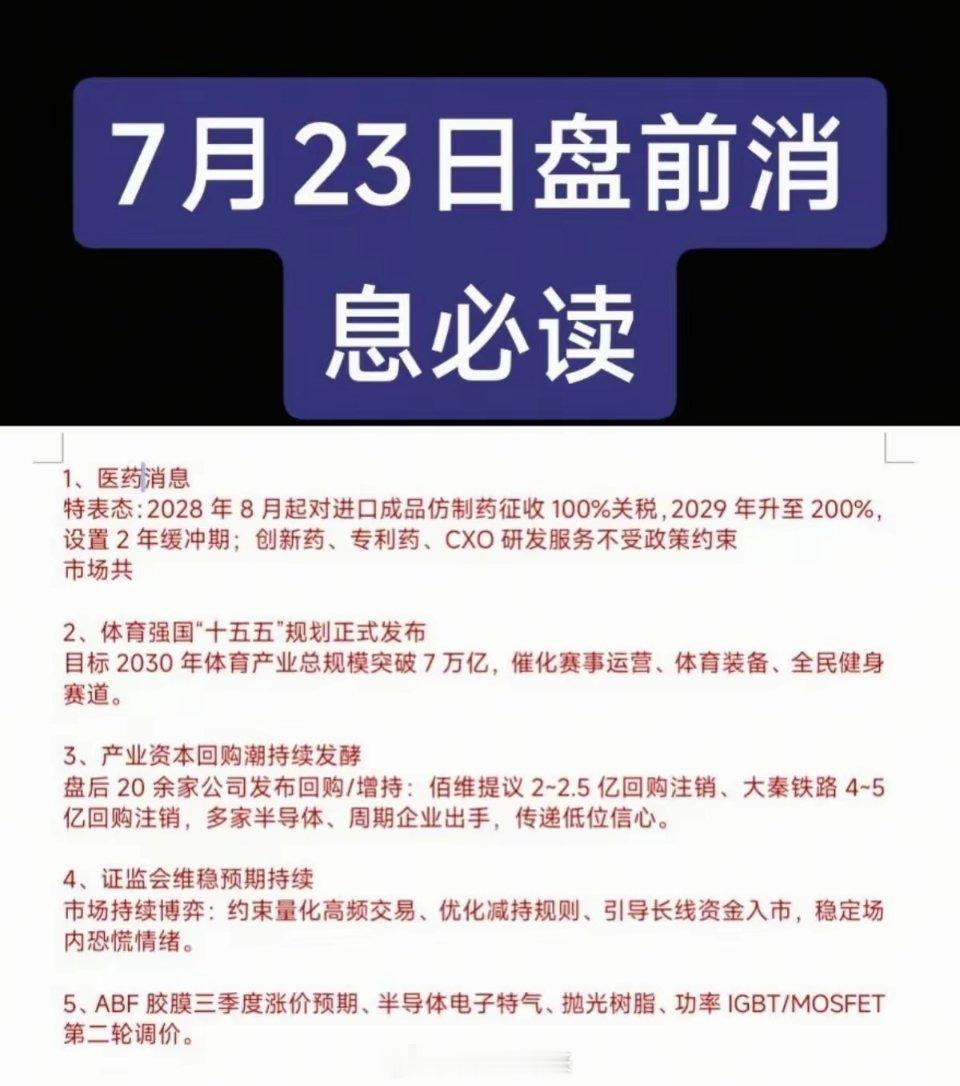 7.23周四  盘前：财经热点必读！1.医药，创新药2.体育产业3.产业资本4.