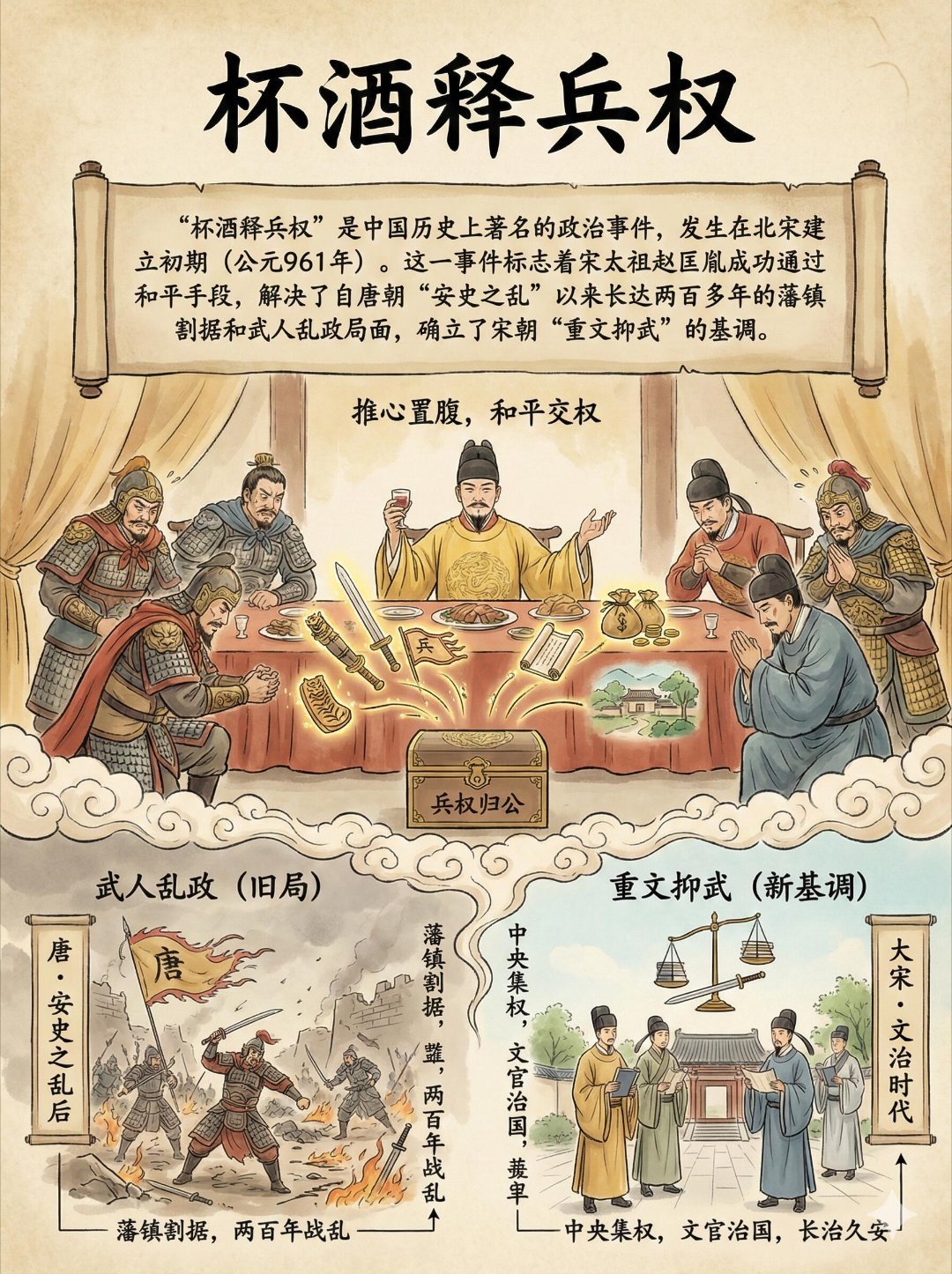 宋太祖赵匡胤杯酒释兵权。 