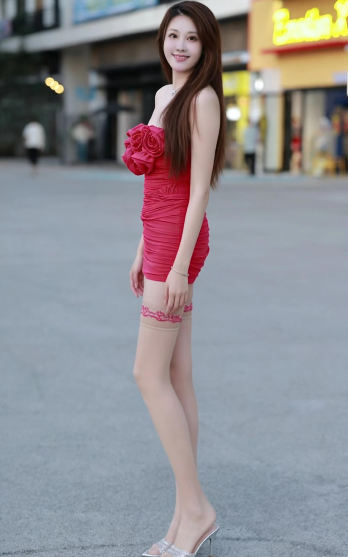 甜美少女风，粉色玫瑰连衣裙，优雅气质满满！