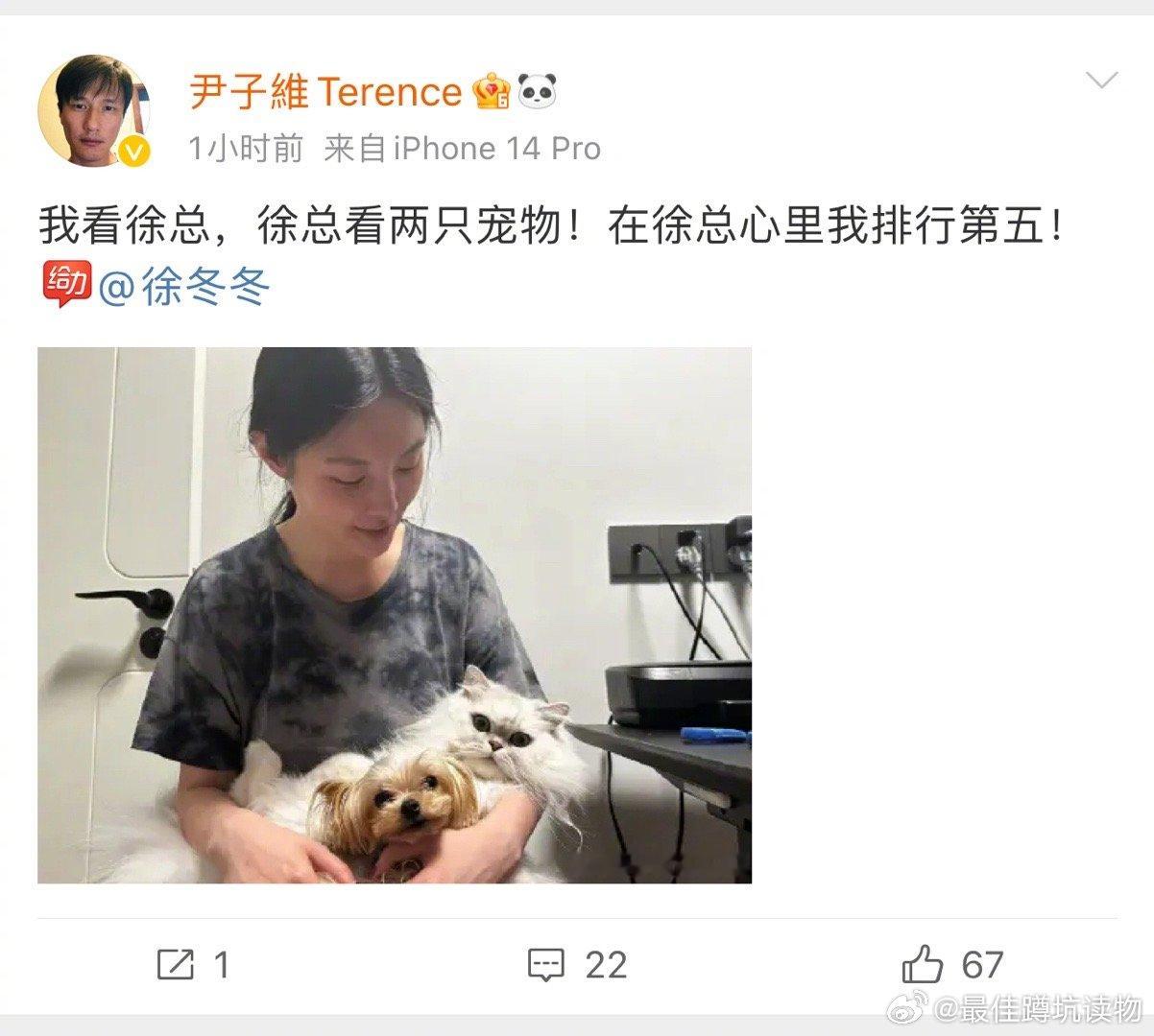 #尹子维在徐冬冬心里的位置# 晒抱宠物照：“我看徐总，徐总看两只宠物！在徐总心里