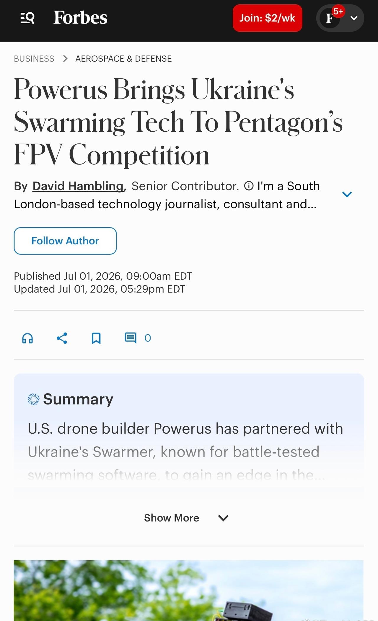 據《Forbes》報導，美國無人機製造商Powerus與烏克蘭公司Swarmer