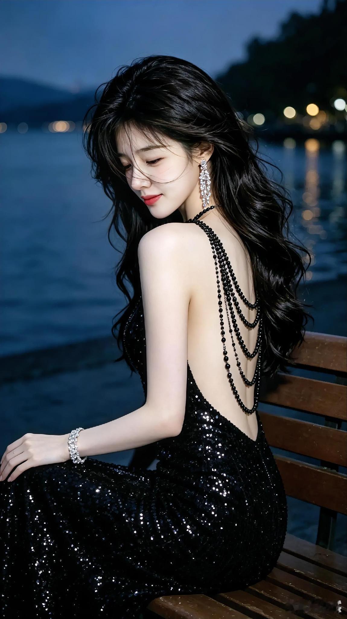湖边夜色温柔，有美女你在，这个夜晚更加迷人和浪漫。