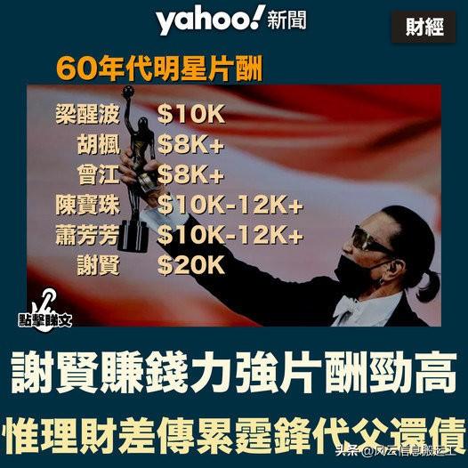 60年代谢贤收入

谢贤主演的第一部电影是《楼下闩水喉》，拍第一部电影时，片酬有