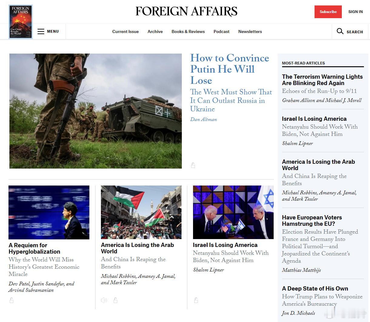 下夜班前看了眼Foreign Affairs，首页弥漫着失败主义情绪，满屏幕的l
